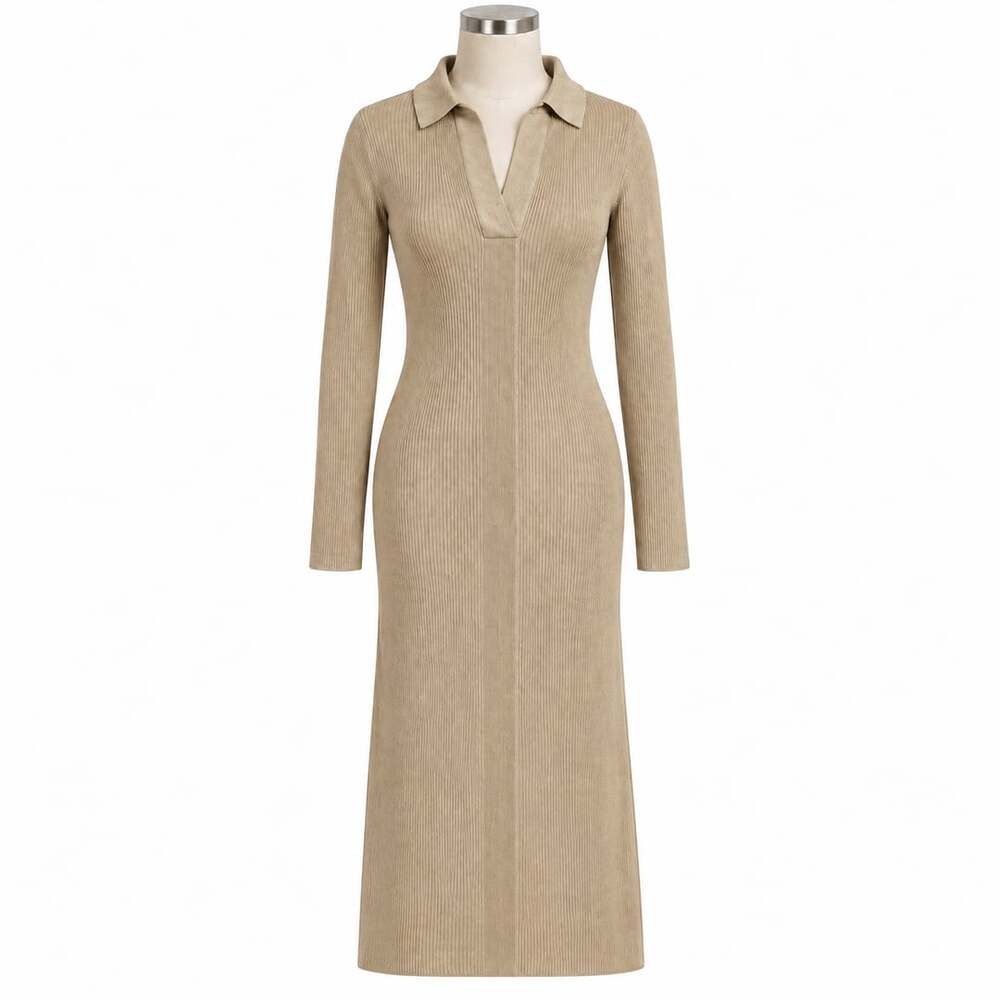 Topshop Women’s Size S Beige Ribbed Knit Polo Maxi Dress Long Sleeve
